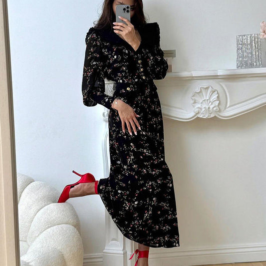 Elegant Floral Print Long Sleeve A-Line Dress