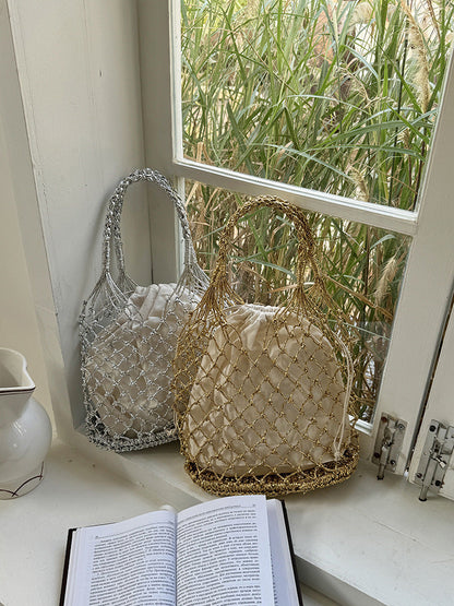 Handwoven Solid Color Tote Bag With Gold & Silver Lurex