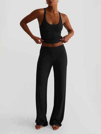 Trendy Casual Yoga Tank Top and Wide Leg Pants Set
