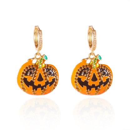 Halloween Enamel Pumpkin Rhinestone Hoop Earrings