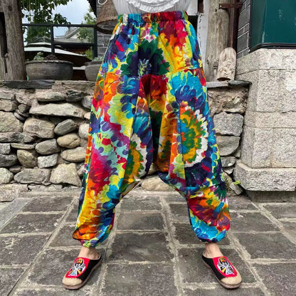 Ethnic Style Summer Men'S And Women'S Same Large Crotch Pants Cotton And Linen Printed Casual Lantern Trousers