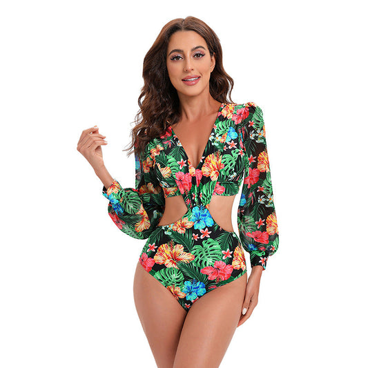 Swimsuit Backless Long-Sleeved One-Piece Swimsuit High Waist Lace-Up V-Neck Swimsuit Women Bikini