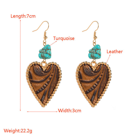 Heart-Shaped Turquoise and Leather Alloy Earrings for Women