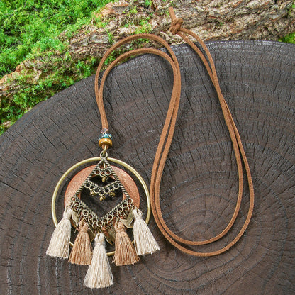 Bohemian Long Necklace with Tassels and Geometric Shapes