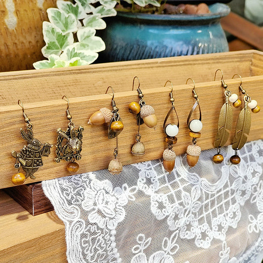 Vintage Inspired Animal Acorn Earrings Creative Long Bohemian Dangle Earrings
