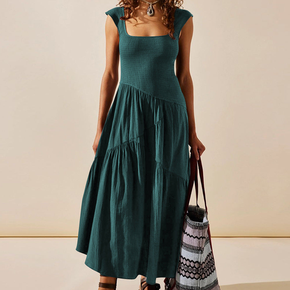 French Style Elegant A-Line Maxi Dress With U-Neck Design