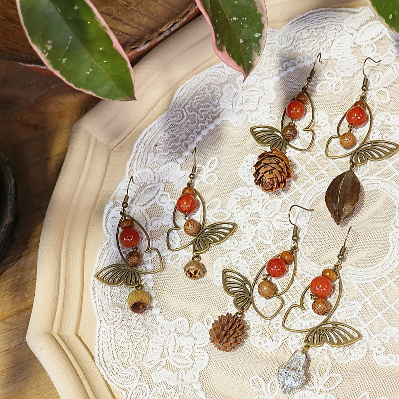 Vintage Bohemian Butterfly Earrings with Natural Stone Beads