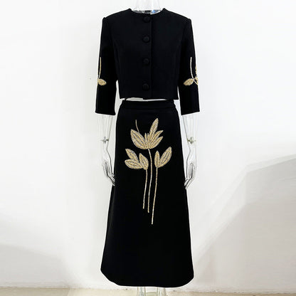 Flower Beaded Jacket And Skirt Set