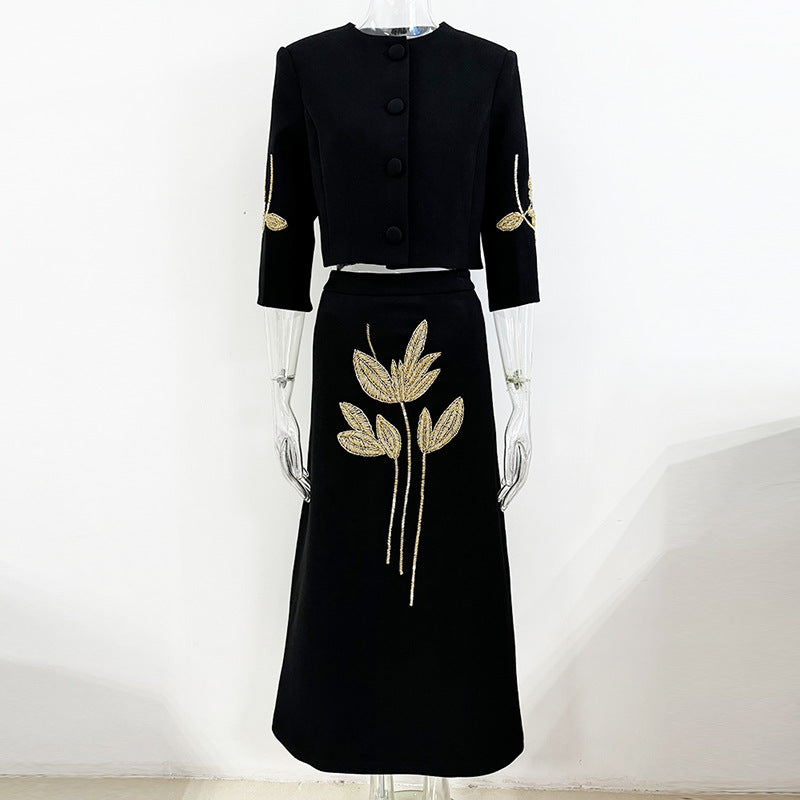 Floral Embellished Jacket & Skirt Set Elegant Streetwear