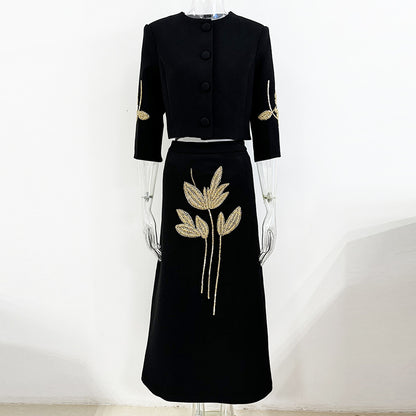 Floral Embellished Jacket & Skirt Set Elegant Streetwear