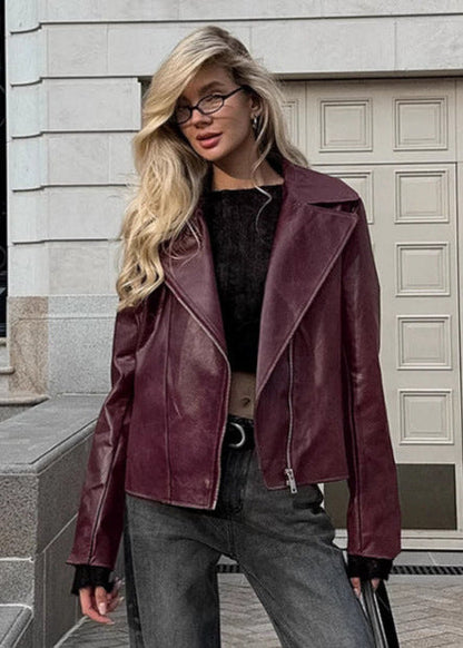Faux Leather Moto Jacket Burgundy Edgy Silhouette