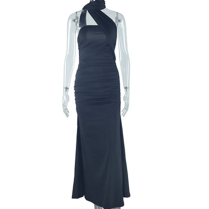 Chic Solid Color Halter Neck Dress With Backless Design