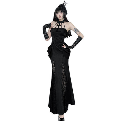 Gothic Style Lace Maxi Dress with Halter Neck