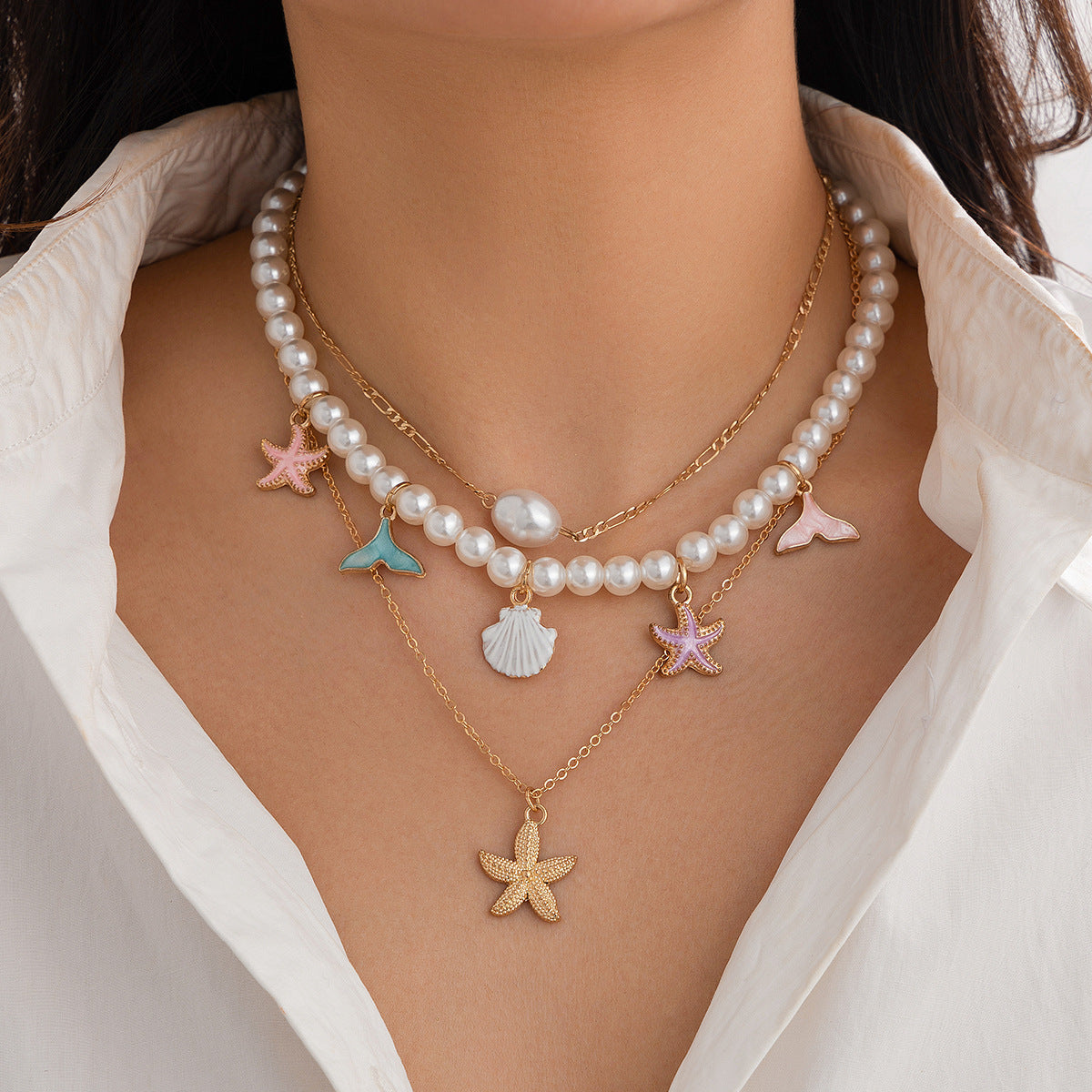 Ocean-Inspired Shell And Starfish Tassel Layered Necklace