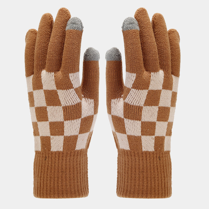 Winter Plaid Warm Hat Scarf Gloves Outdoor Sets