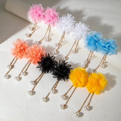 Exaggerated Flower Tassel Earrings With Faux Pearl For Women