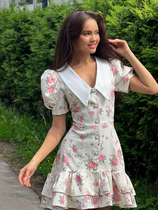 French V-Neck Puff Sleeve Dress Floral Print A-Line Midi Dress