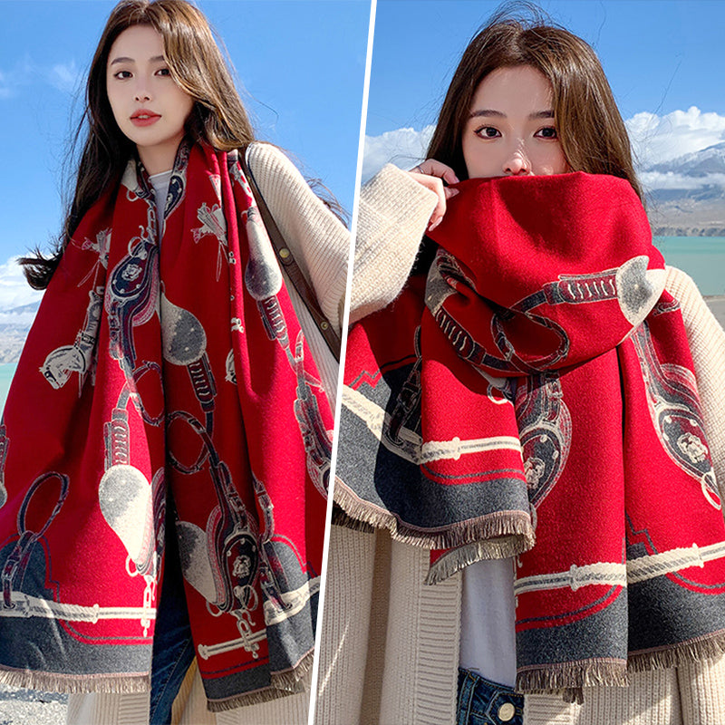 Red Scarf Women'S Winter New Versatile Cashmere High-End Sense Fashion Dual-Purpose Shawl Thickened Neck