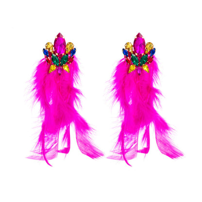 Bohemian Floral Alloy Rhinestone Long Feather Tassel Earrings