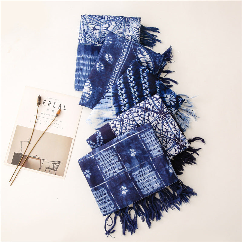 Dyed Blue And White Porcelain Series Cotton And Linen Scarf Travel Shawl Literary Accessories