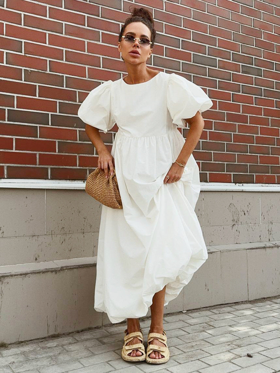 Cotton Puff Sleeve A-Line Dress Casual Solid Color
