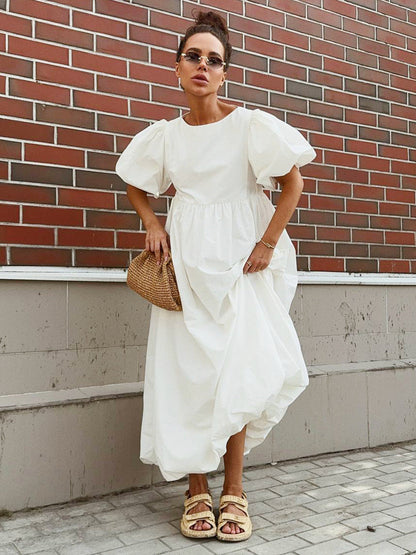 Cotton Puff Sleeve A-Line Dress Casual Solid Color