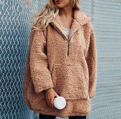 Autumn And Winter Hooded Plush Thick Loose Sweater Coat