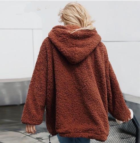 Autumn And Winter Hooded Plush Thick Loose Sweater Coat