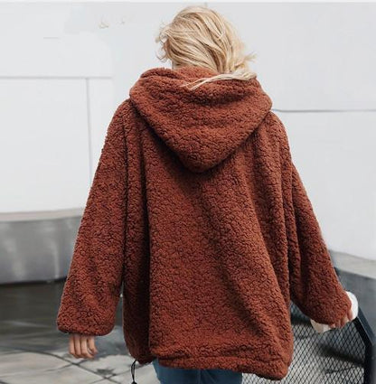 Autumn And Winter Hooded Plush Thick Loose Sweater Coat