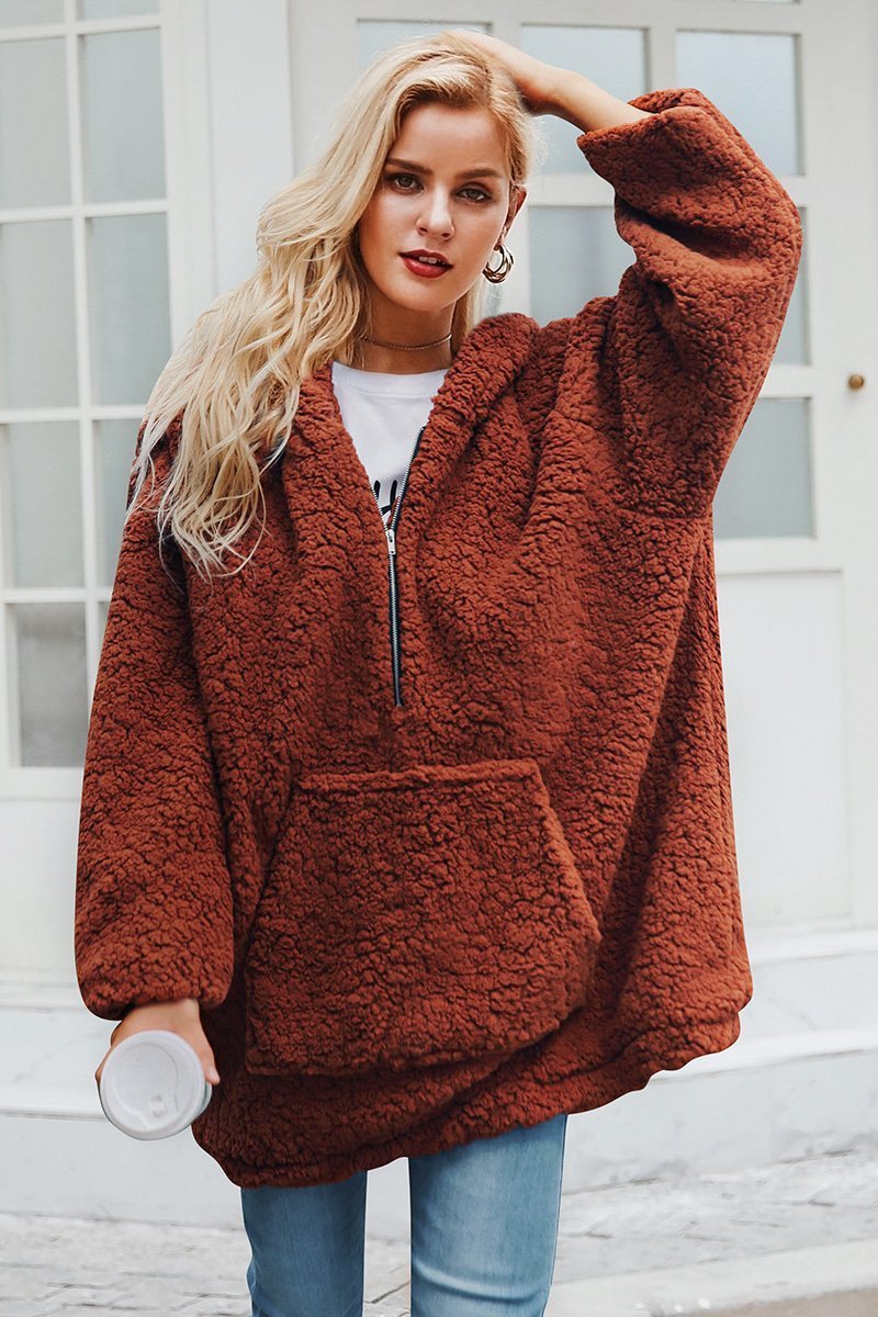 Autumn And Winter Hooded Plush Thick Loose Sweater Coat