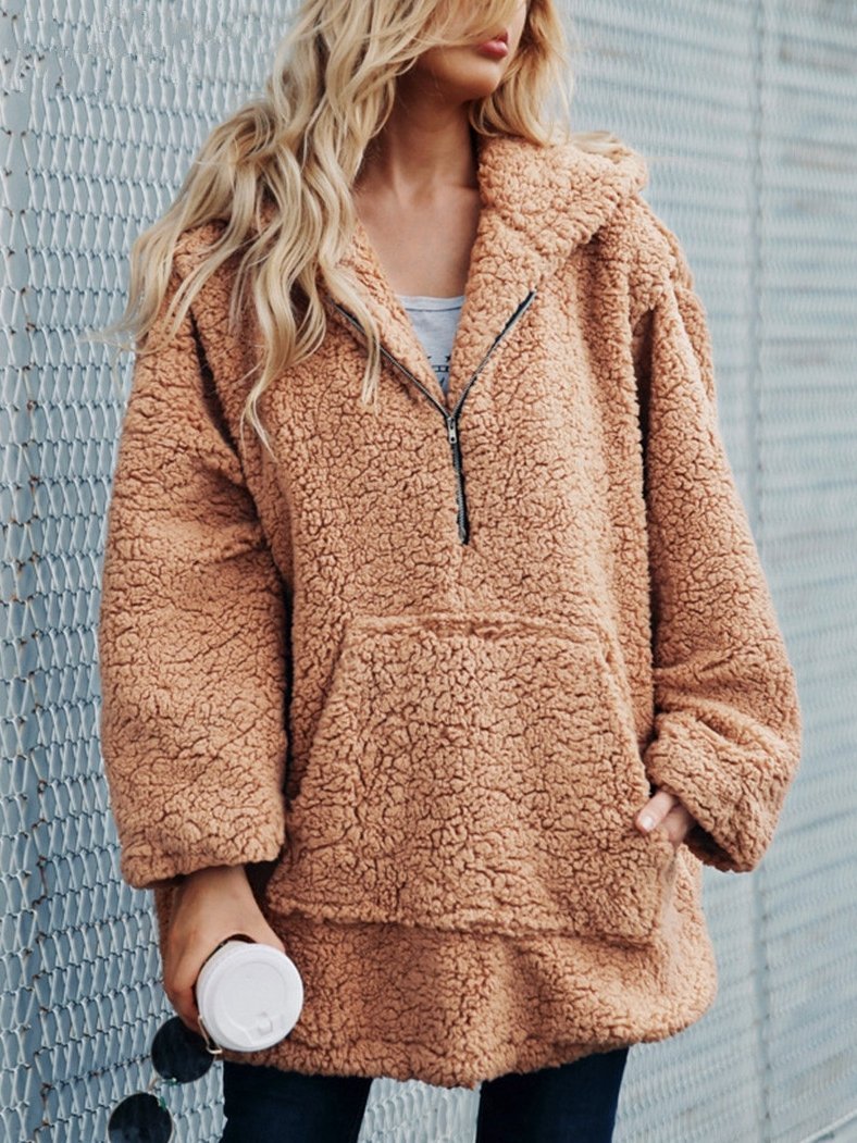 Autumn And Winter Hooded Plush Thick Loose Sweater Coat