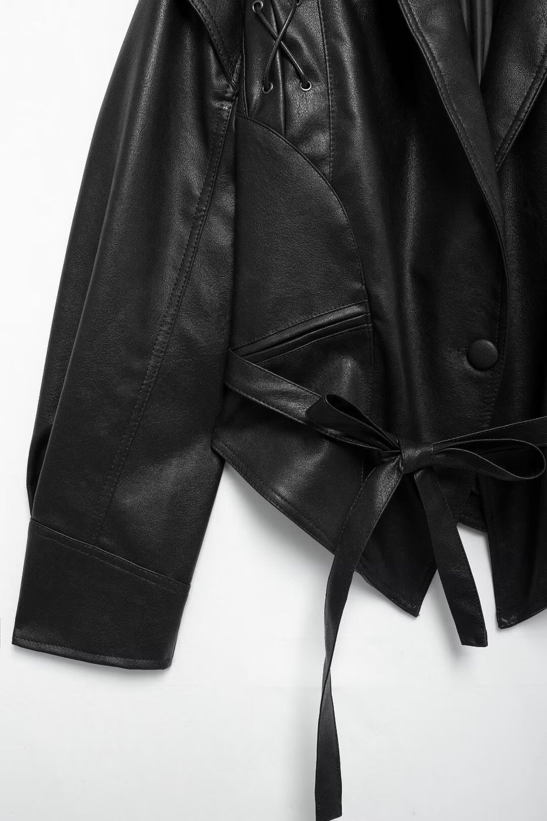 Cool Lapel Drawstring Belt Leather Jacket