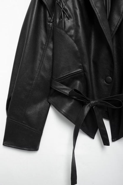 Cool Lapel Drawstring Belt Leather Jacket