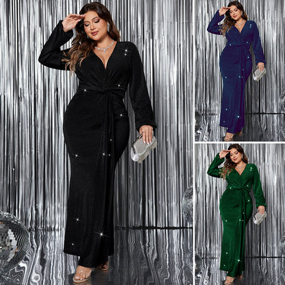 V-Neck Long Sleeve Evening Dress Elegant Mermaid Maxi Dress