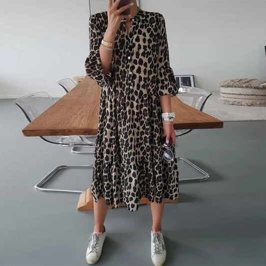 Pullover Shows Skinny Print Midi Skirt, Leopard Print Midi Mid-Rise Temperament Commuter Dress