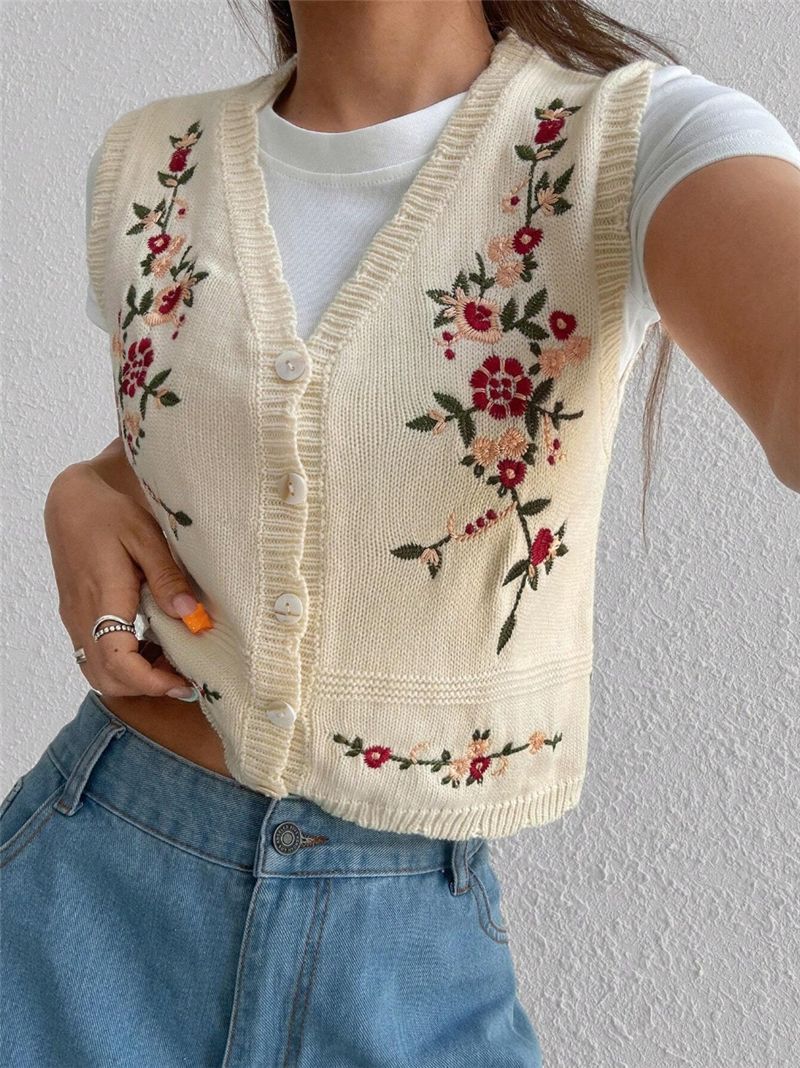 Floral Embroidery V-Neck Knit Sweater Vest
