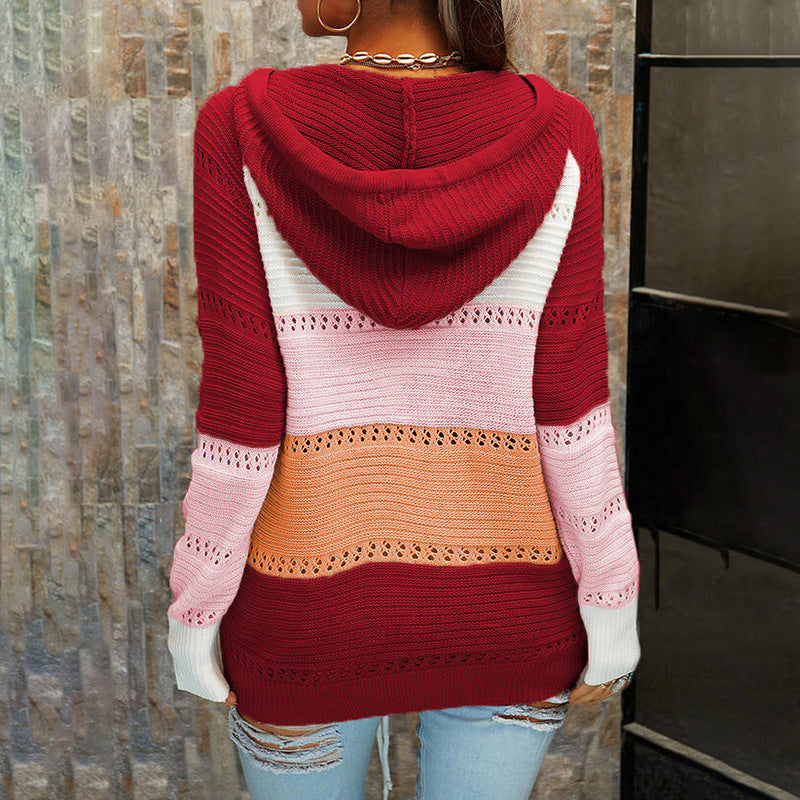 Cardigan Lace Sweater Long Sleeve Contrasting Color Stitching Ladies Coat