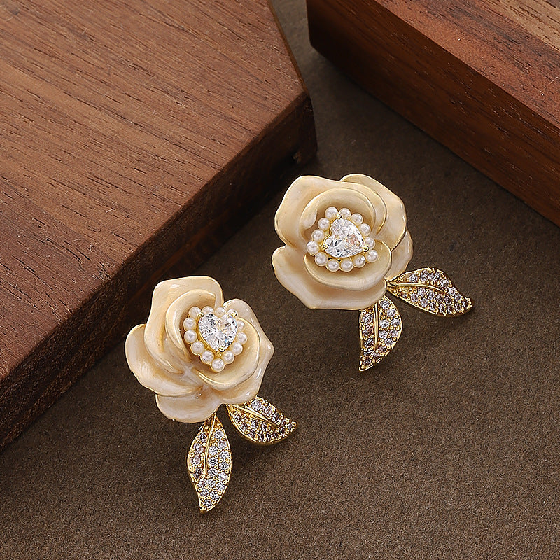 Elegant Rose Flower Stud Earrings With Zirconia - Stylish Floral Accessories