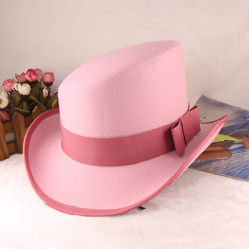 Fashionable Wool Felt Bowler Hat with Bow Decoration