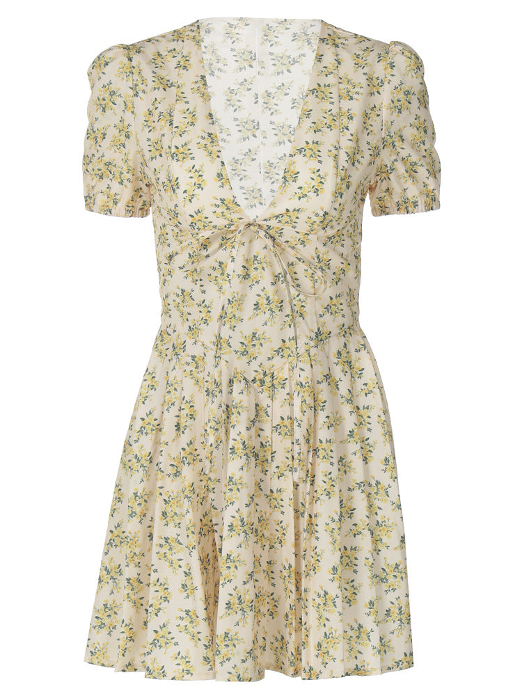 Summer Floral Pleated Midi Dress with Deep V-Neck