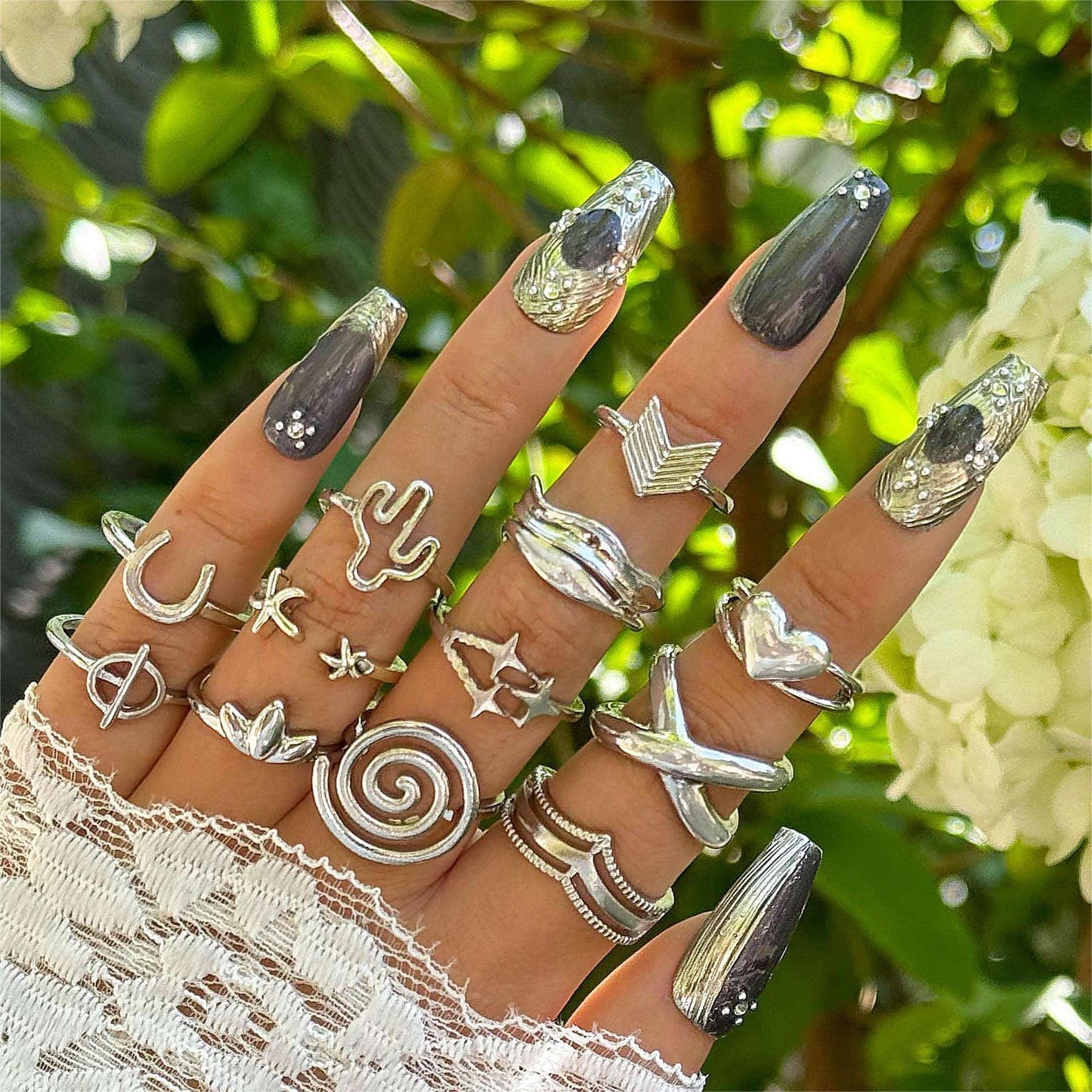 Trendy Leaf Heart Rings Geometric Pearl Joint Stacking Ring Set