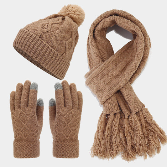 3PCS Solid Color Twist Tassel Hat & Scarf Sets