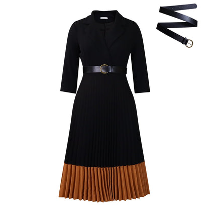 Elegant A-Line Dress With Suit Collar And Pleats