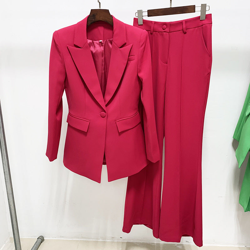 Trendy Blazer And Flared Pants Set In Fuchsia