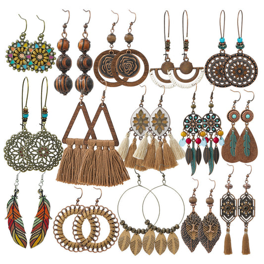 Bohemian Leaf Tassel Earrings Metal Leather Drop Dangle