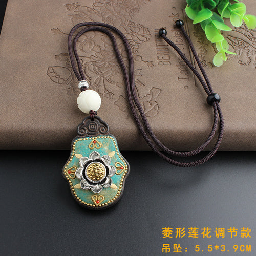 Vintage Ebony Nepal Pendant Fortune Transfer Necklace Long Versatile Ethnic Style Peace Card Pendant Necklace