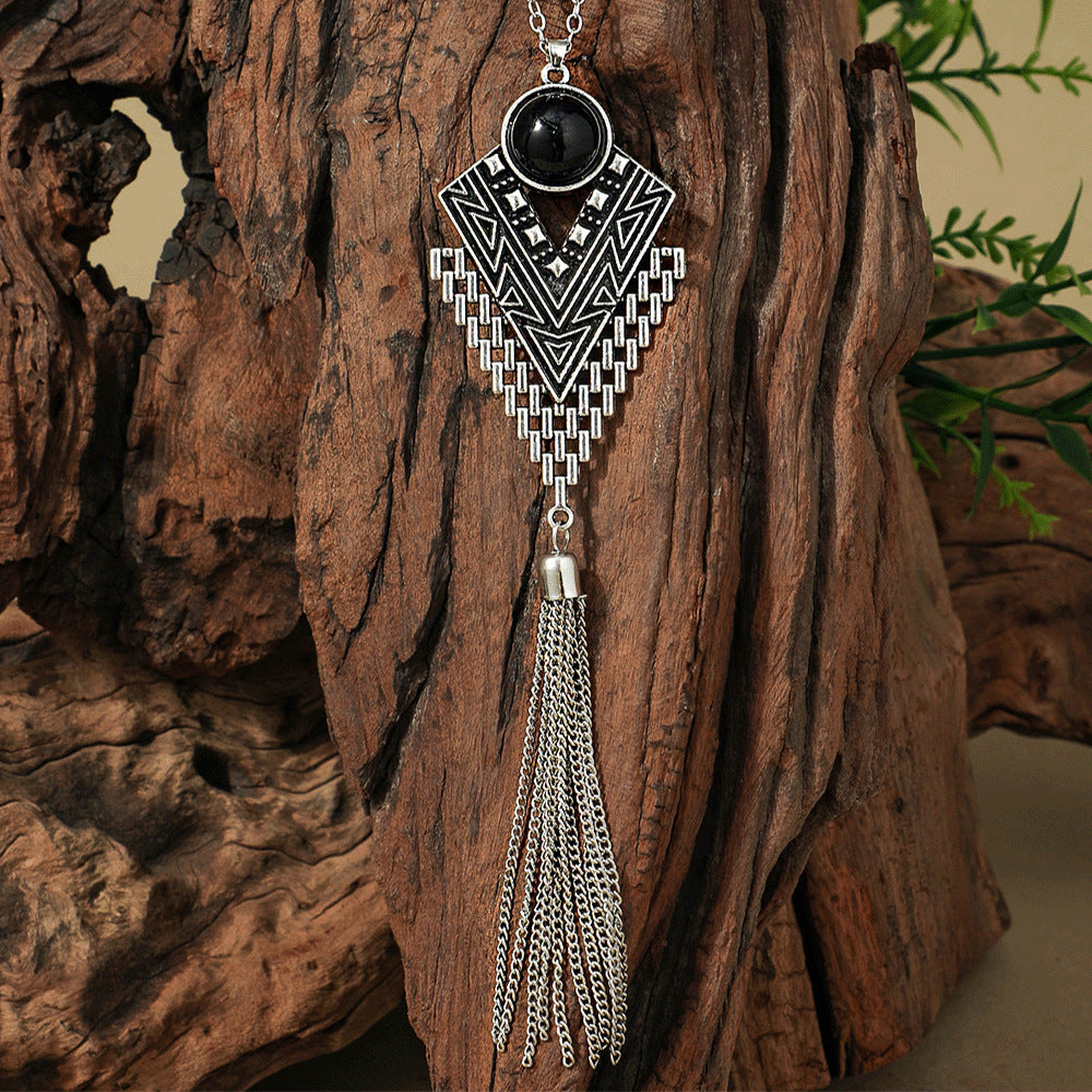 Retro Ethnic Long Pendant Necklace and Earring Set with Turquoise Accents