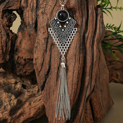 Retro Ethnic Long Pendant Necklace and Earring Set with Turquoise Accents