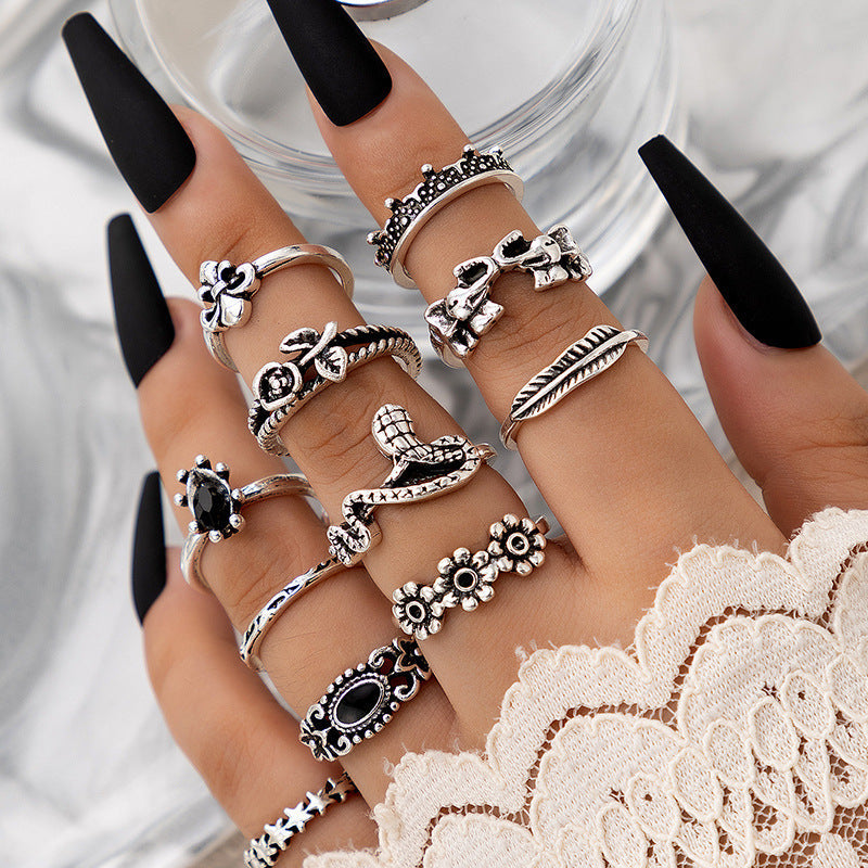 15 Piece Ring Set Personalized Fashion Style Hollow Out Lotus Sunflower Geometry Black Gem Set Ring