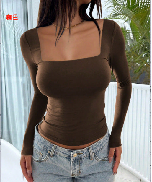 Y2K Square Neck Long Sleeve Fitted Casual Top for Women